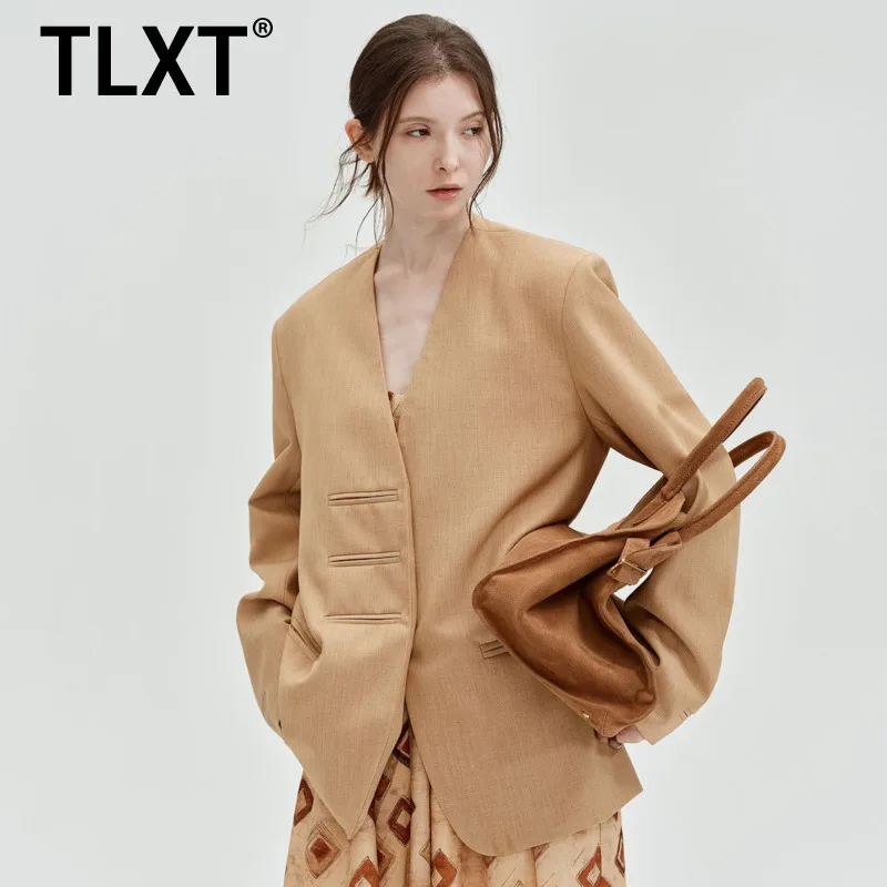 

TLXT Elegant Women's Minimalist Solid Blazer V Neck Single Breasted Long Sleeve Commute Coats Female Spring 2025 New XK1223