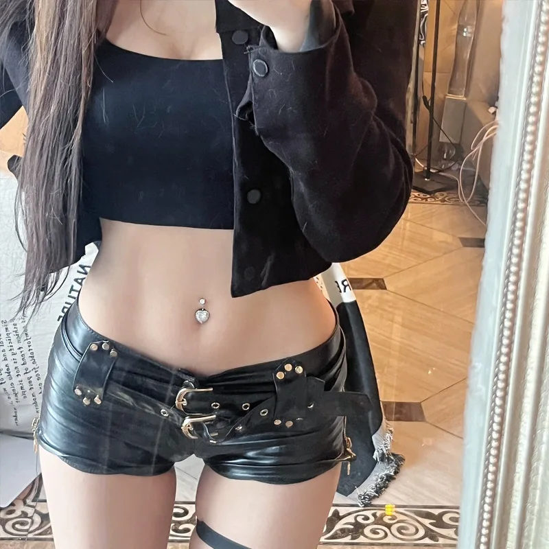 Internet celebrity hot girl y2k retro nightclub sexy low waist hip hugging PU leather super shorts, boots and pants for women