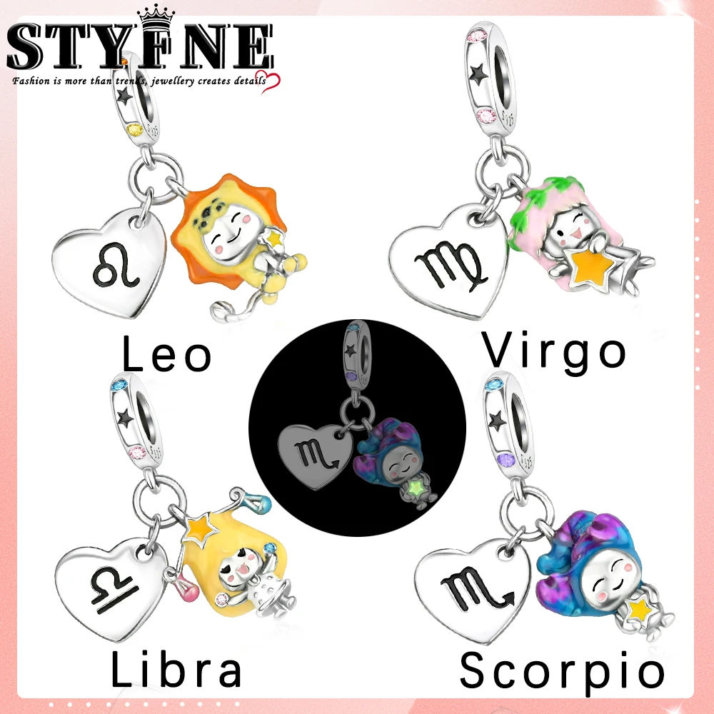 Luminous Twelve Constellation Birthdays Anniversaries Gift Charms 925 Silver Aquarius Fit Original Bracelets Beads DIY Jewelry