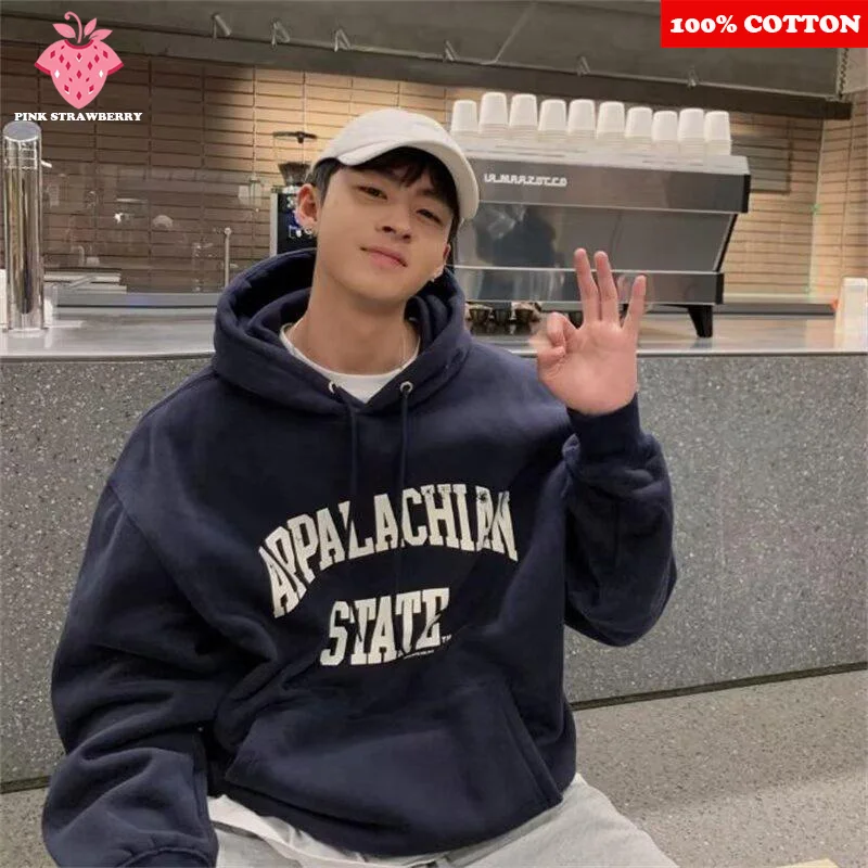 

Navy blue Plush Hoodies Men Autumn Winter 2025 New American Street Oversize Warm Pullover Sweatshirt Loose Y2K Tops Men clothing