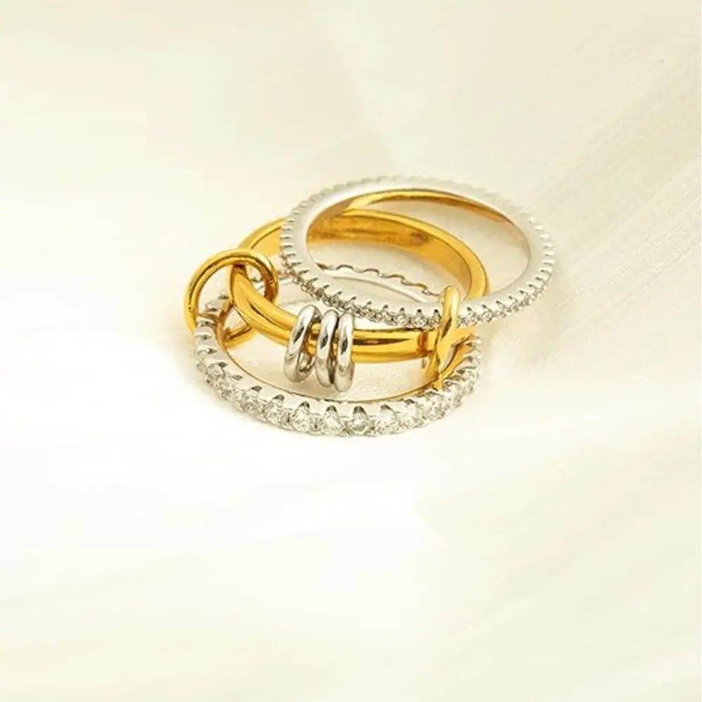 Anillos de oro de acero inoxidable que no se deslustran, anillo apilable conectado multienlace, anillos delicados de circón con diamantes completos para mujer