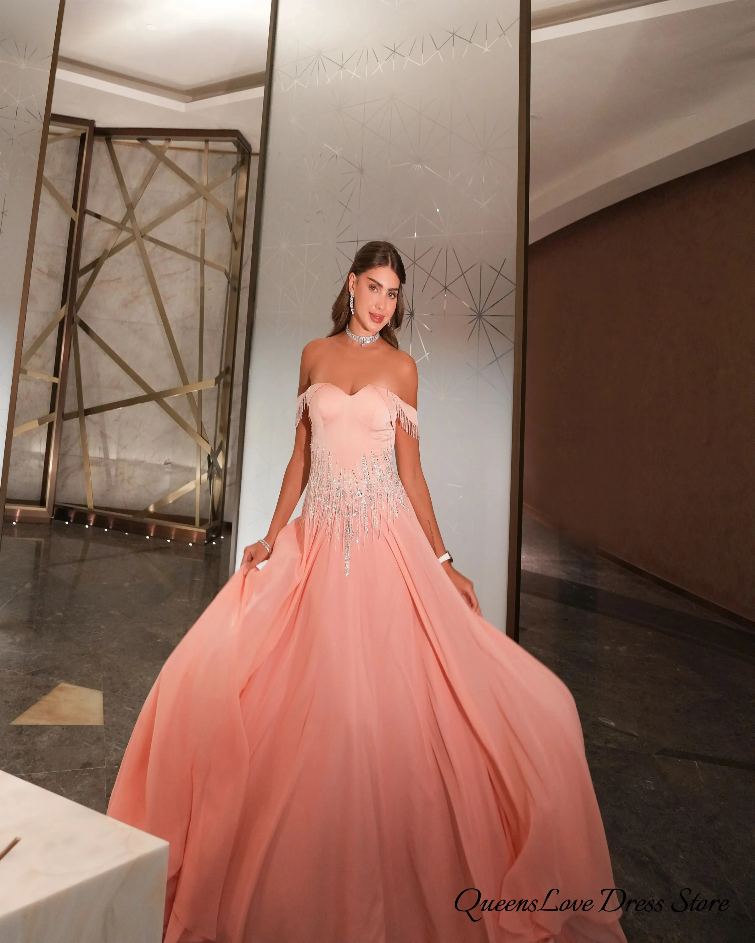 Customized Luxurious Pink Mermaid Off the Shoulder Prom Party Gowns Chest with Rhinestones Beads  Train Evening Dresses 2026