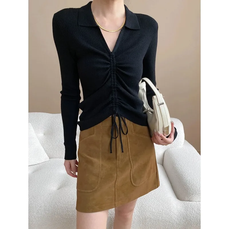 Early Autumn New High-end POLO Collar Pleated Drawstring Slim Fit and Slimming Knit Sweater