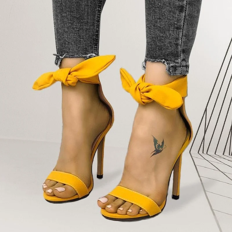 Comemore Ankle Strap Bowknot Shoes Thin Heels Elegant Pumps Women\'s Summer Footwear 2023 Trend New Pink Yellow High Heel Sandals