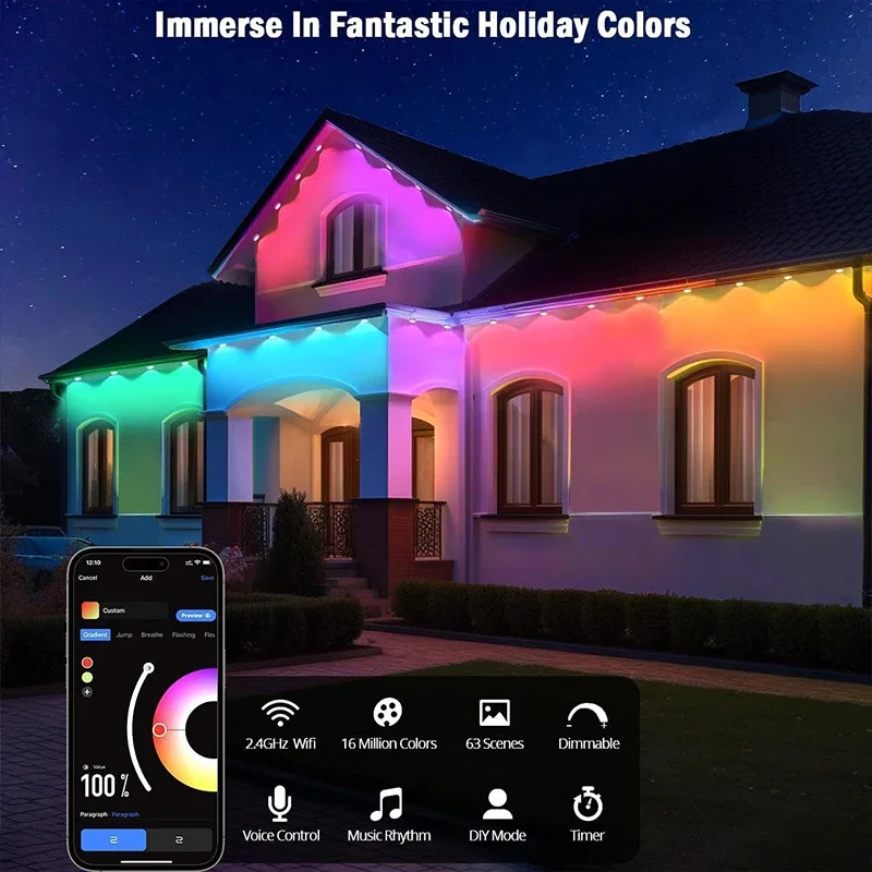 Inteligente wifi rgbic beirais luzes permanente ao ar livre led luz app controle de voz remoto diy sincronização música temporizador à prova dwaterproof água decoração festa