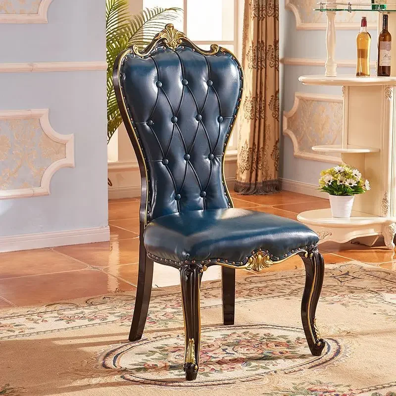 European Dining Chair Comfortable Casual Solid Wood Leather Upholstery Hotel Conference Chair Makeup Chair Mahjong Backrest Home