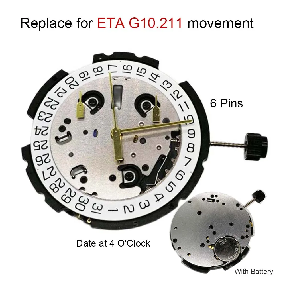 

Replacement for ETA G10.212 Quartz Movement Accessories Date at 4 O'Clock 6 Pins G10211 Movement Watch Repair Part