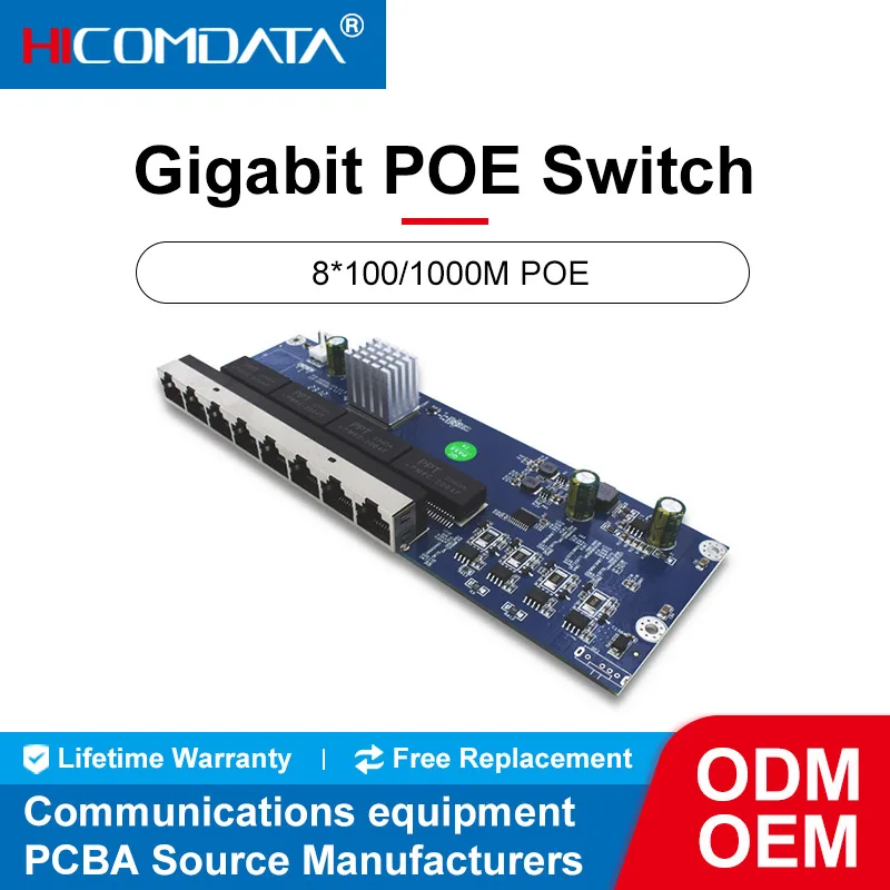 HICOMDATA 8-портовый гигабитный экономичный коммутатор Ethernet POE PCBA, неуправляемый коммутатор PoE с 8 портами POE 100/1000M