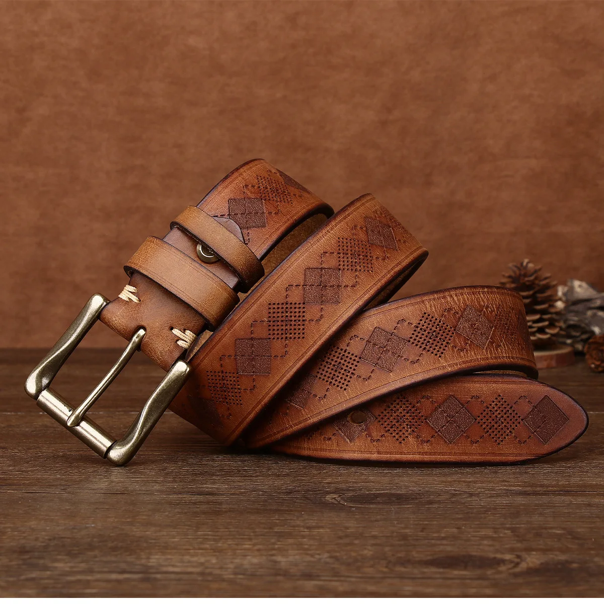 حزام سميك من الجلد الطبيعي للرجال، حزام منقوش بالليزر عصري وعصري، حزام عريض من جلد البقر النقي 3.8 سم