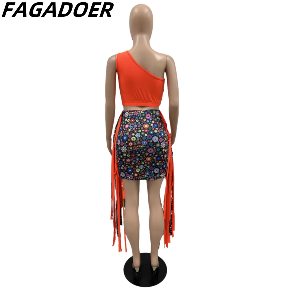 FAGADOER Summer Print Tassels Mini Skirts Two Piece Sets Women One Shoulder Sleeveless Crop Top+Skirts Outfits Fashion Clothing