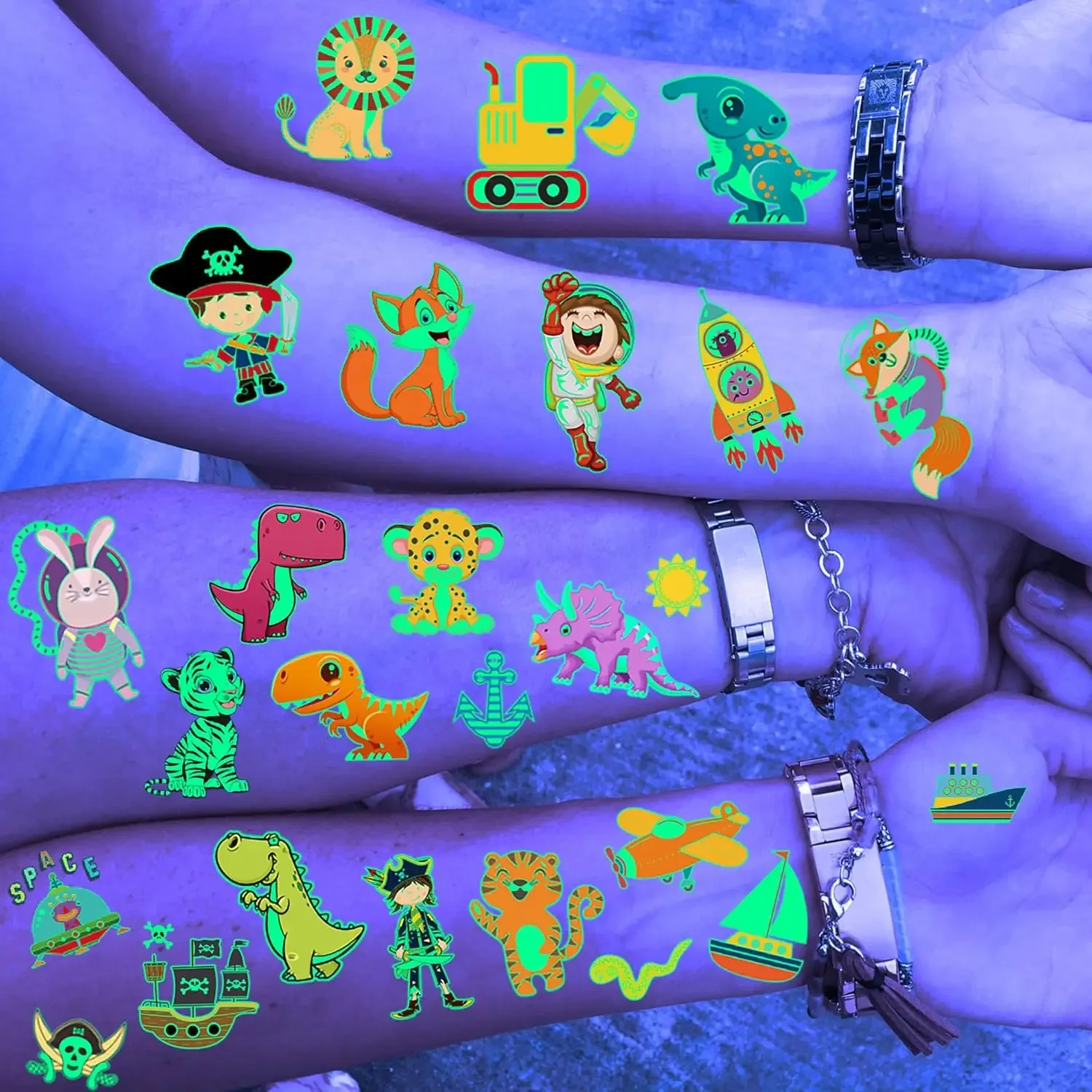 Kids Glow Tattoos Animal Theme Party Pack Non Toxic Temporary Body Stickers Washable UV Reactive Night Fun Decor