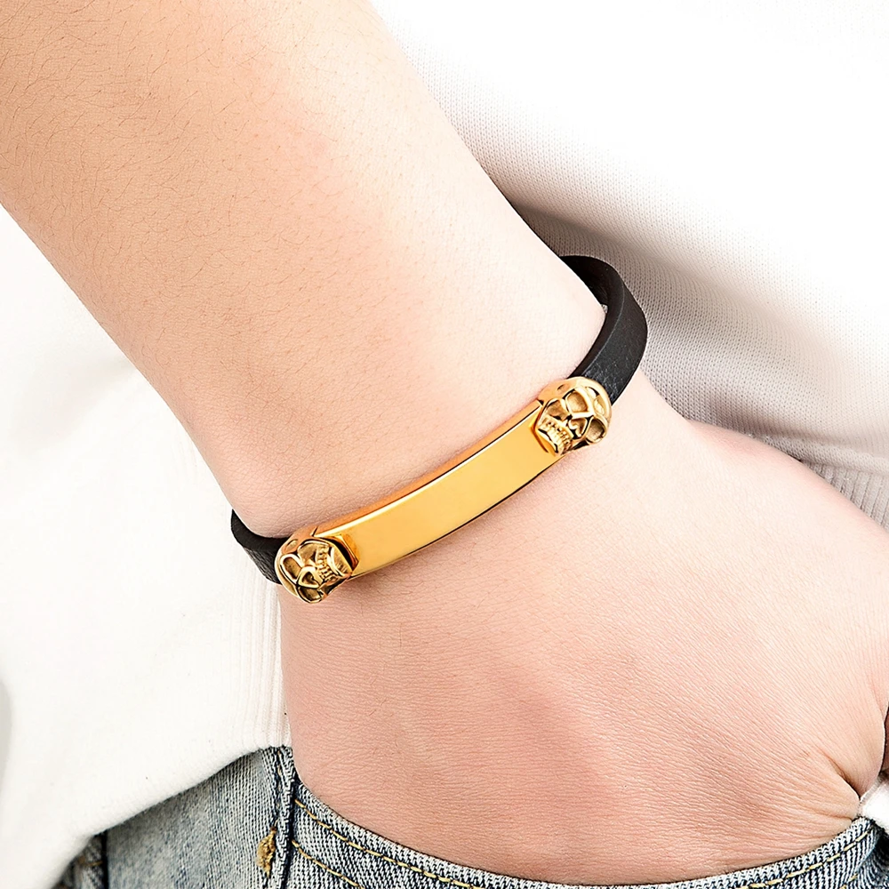 XQNI Black Leather Bracelet for Men Stainless Steel Skull Beaded Bracelet Braided Magnetic Clasp Bangles Charm Jewelry Gifts