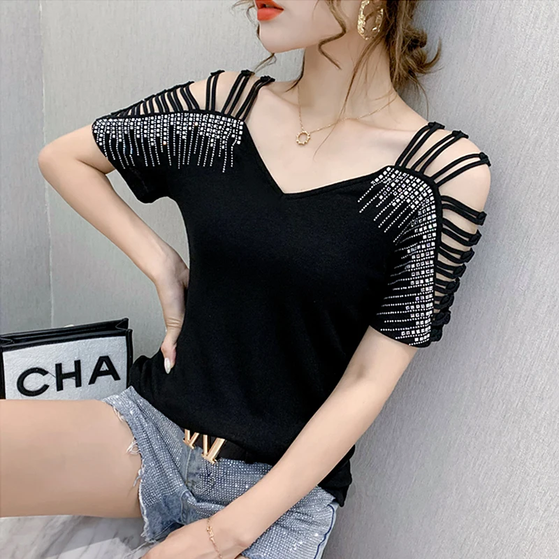 #5127 Summer Black White Off Shoulder T Shirt Women With Diamonds V Neck Sexy Stretch Cotton Slim Womens Tee Shirts Hollow Out