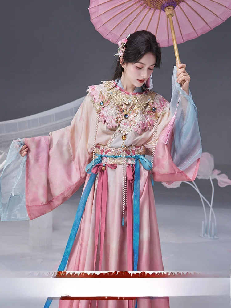 

Комплект Hanfu Cloud oulder, прямая юбка для тяжелой промышленности, совместный b, женский традиционный китайский костюм для заметки-строителя