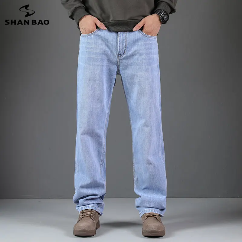 

New Spring Product Light Blue 100% Cotton Denim Jeans Classic Vintage Quality Clothing Men's Straight Loose Wide Leg Pants 27-48