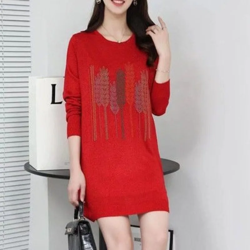 Women\'s Commute Bright Silk Casual Knitted Pullovers Autumn Winter All-match Midi Round Neck Diamonds Sweaters Female Clothing