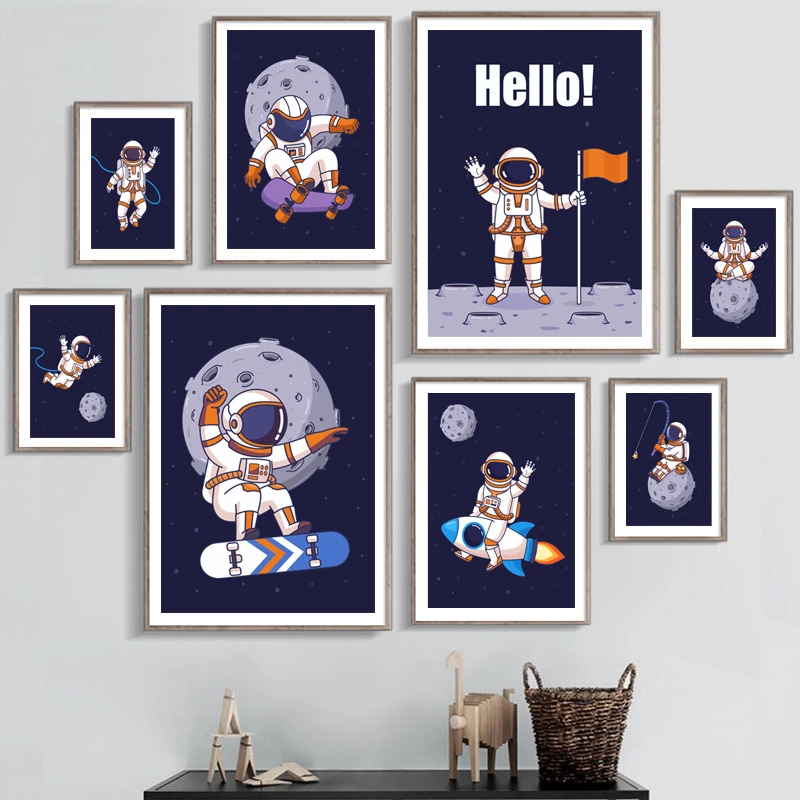 Space Planet Rocket Astronaut Skateboard Wall Art Canvas Painting Nordic Poster And Prints Wall Pictures Baby Kids Room Decor