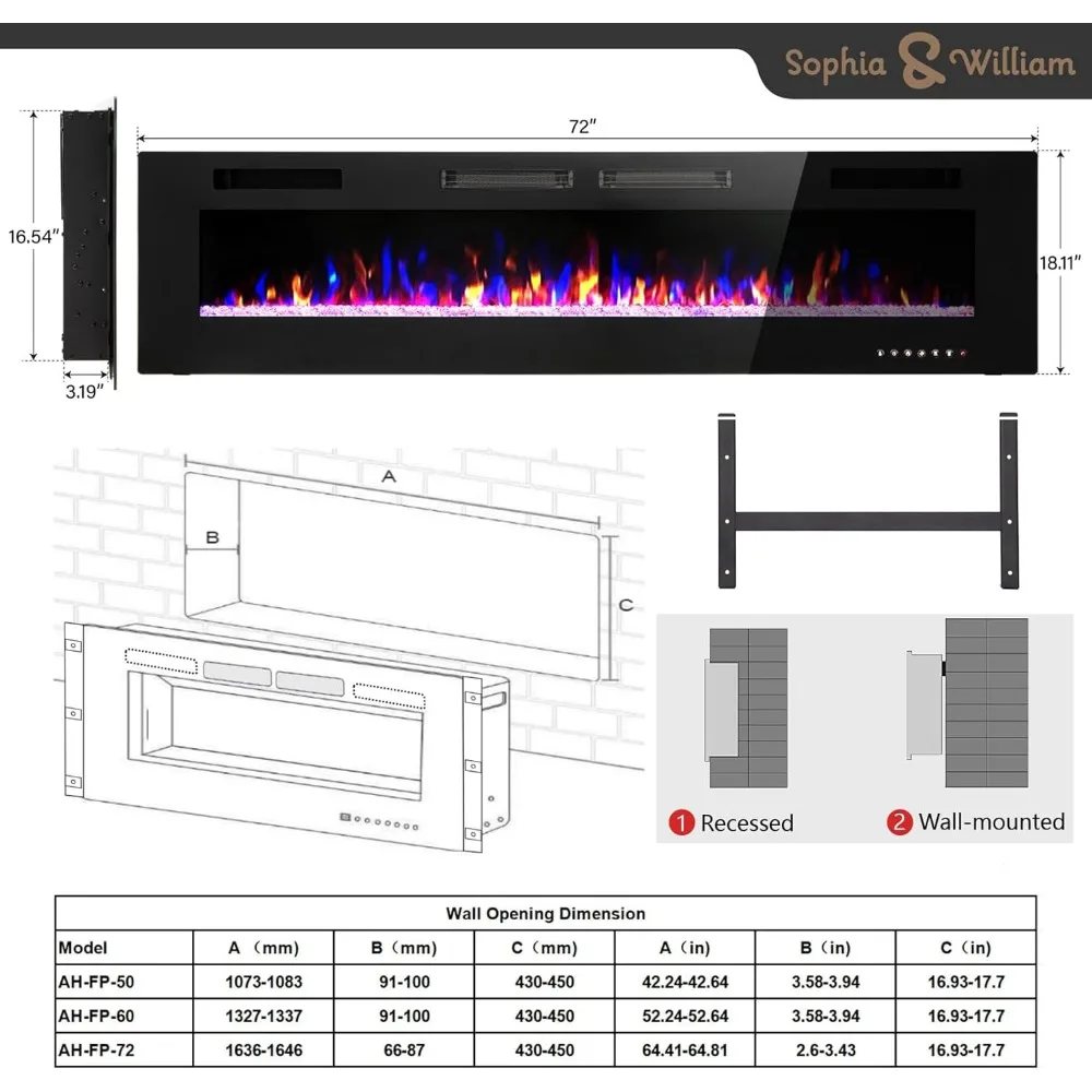 Electric Fireplace 72 Inch Wall Mounted & Recessed, Ultrathin 3.86