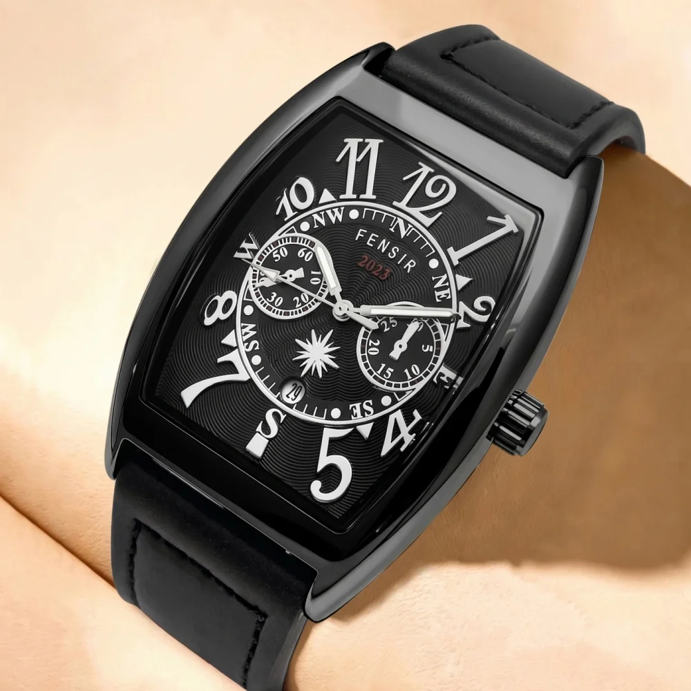 

Retro Barrel-Shaped Men's Quartz Watch, Men's Watch with Calendar, Leather Strap Waterproof Business Casual Men's Watch, Trendy Large Digital Versatile Men's Student Watch, Luxury Niche Men's Watch for Gift-Giving