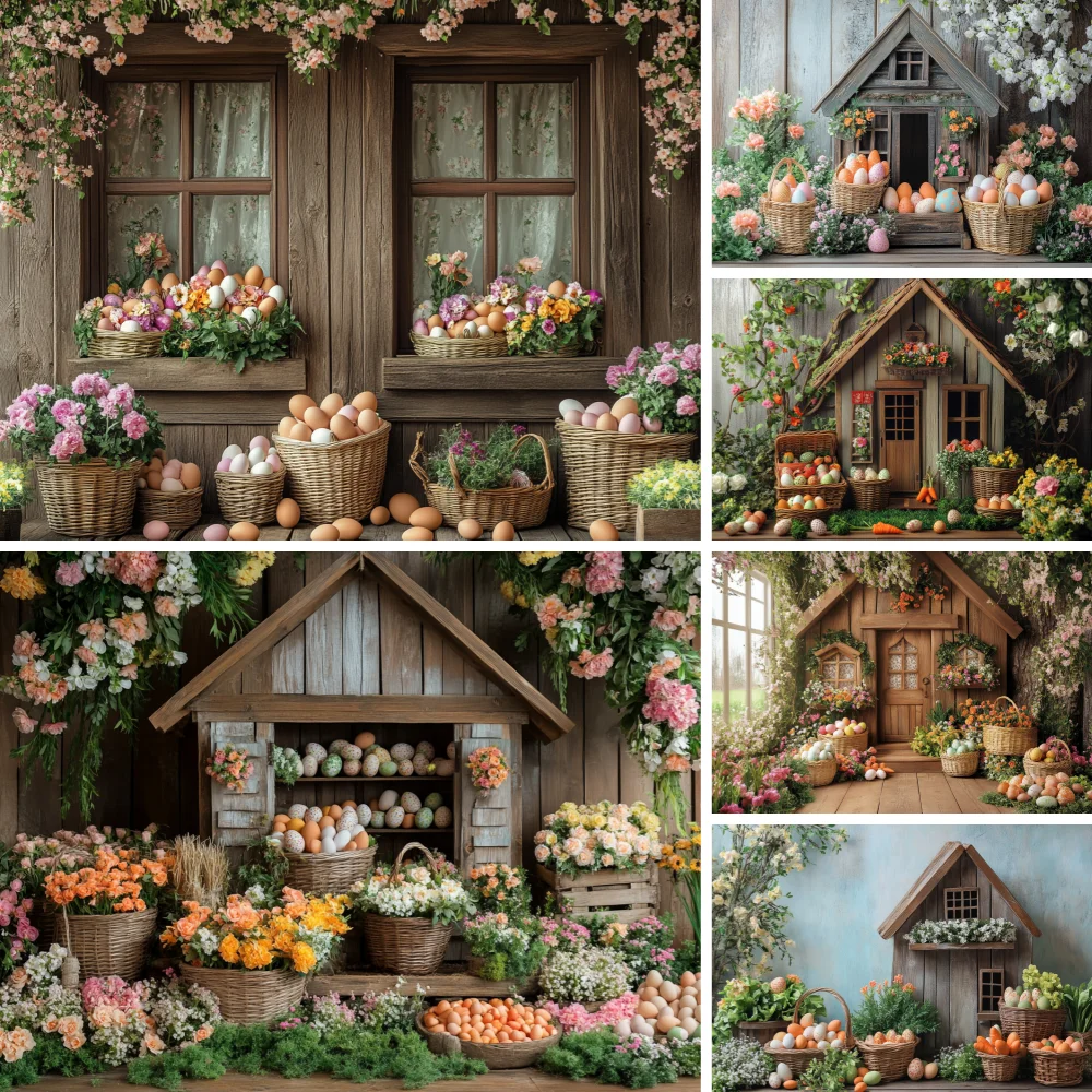 

Spring Easter Photography Backdrop Vintage Wood House Cabin Flower Eggs Rabbit Carrots Bunny Baby Kids Birthday Photo Background
