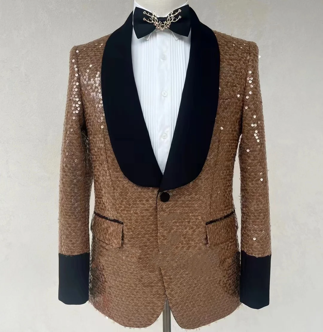 Custom Latest Design Fashion Shiny gold Wedding For Suits Men Formal sequins Blazer Party performance costume Black velvet lapel