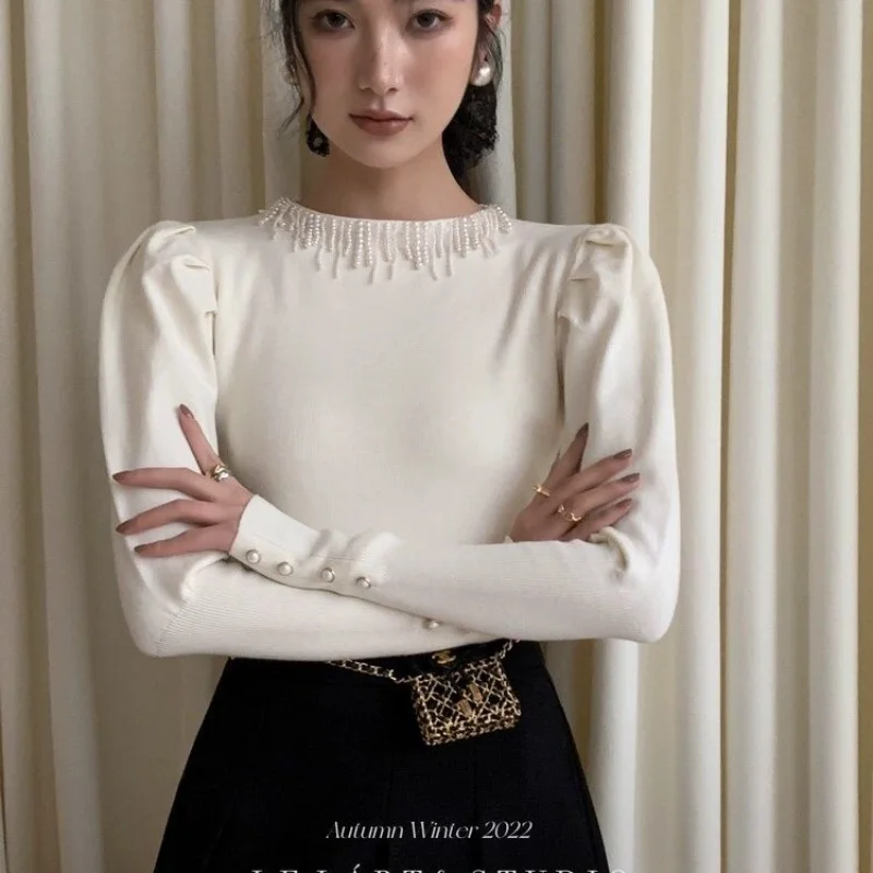 خريف شتاء تصميم جديد لؤلؤة شرابة المرأة سليم قاع سترة النمط الفرنسي الأعلى #4