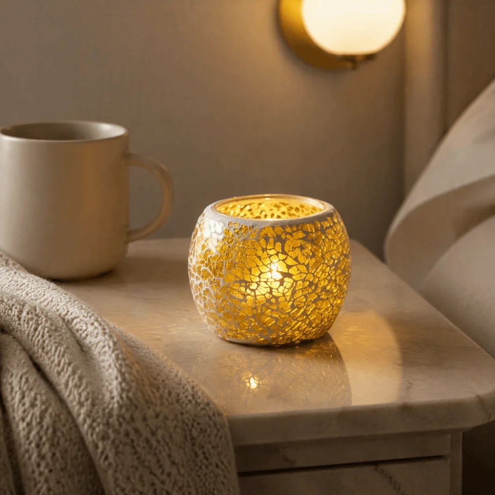 Round Bowl Shape Mosaic Glass Candle Holder Yellow 3.35x2.76in Votive Candle Holder Glass Material Handmade Candle Holder