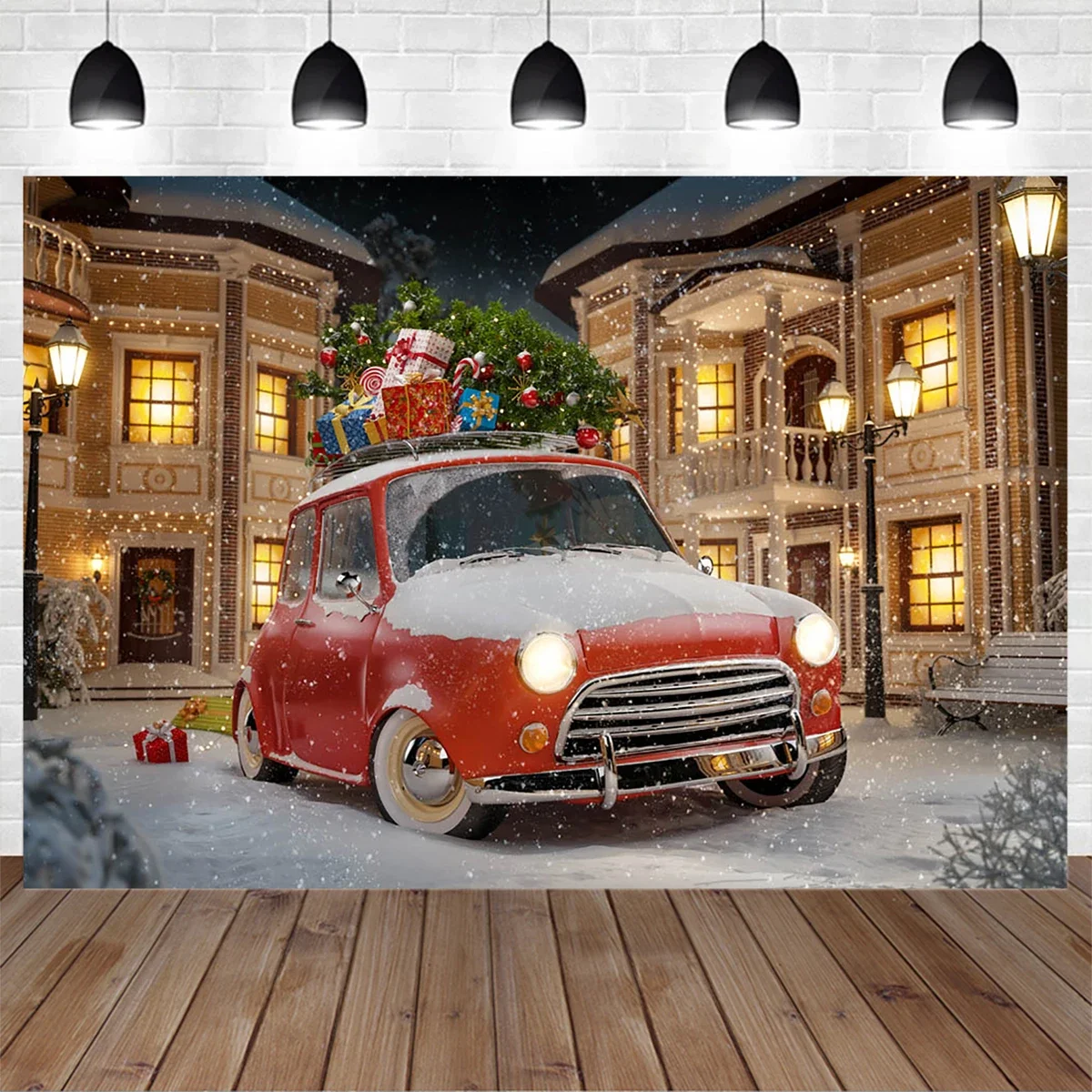 

Winter Christmas Red Gift Car Background Busy Street Snowflake Photography Backdrop Xmas Tree Home Studio Children Photobooth