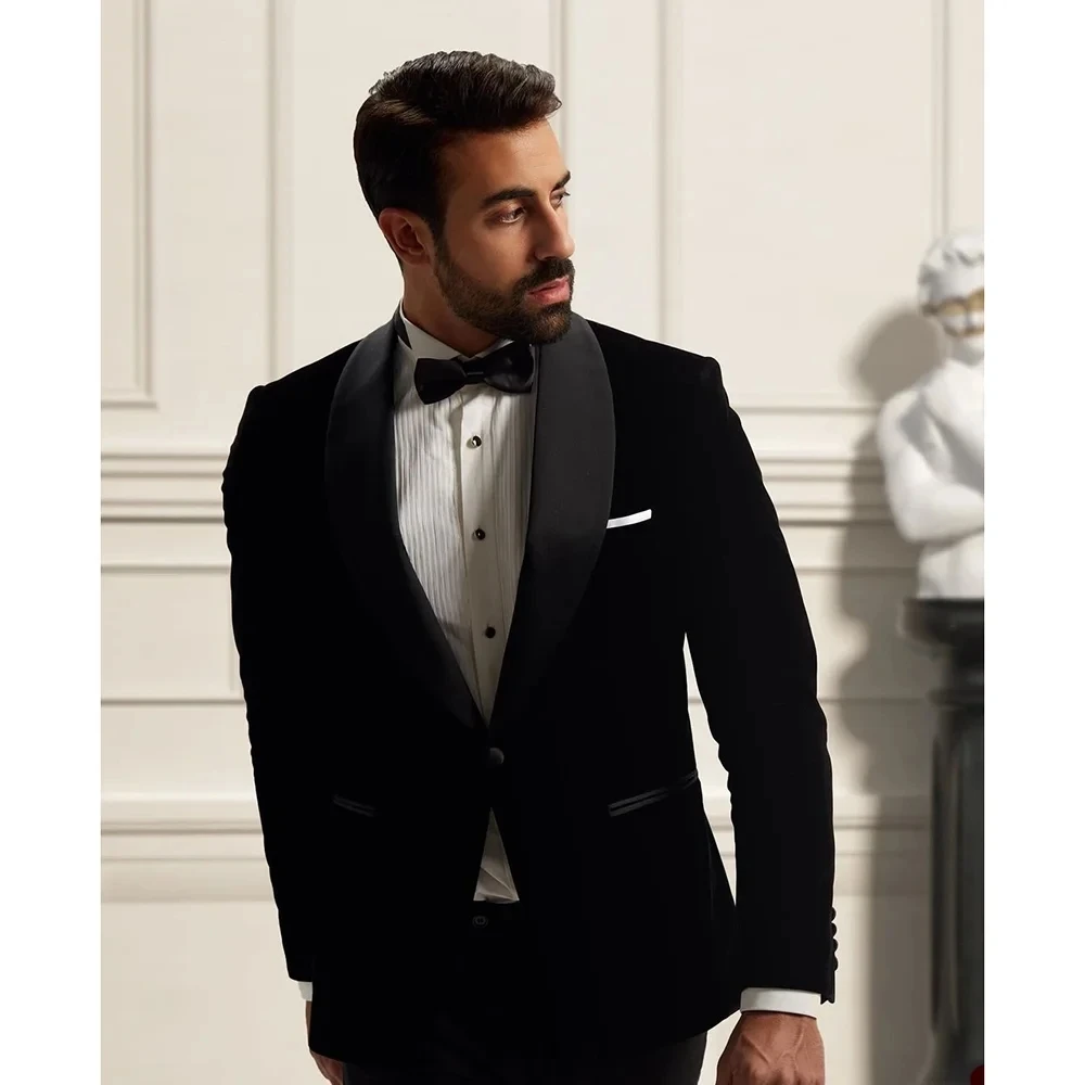 

Banquet Suits for Men 2 Piece One Button Tuxedo Formal Velvet Jacket Solid Pant Prom Outfits Wedding Groom Custom Male Suit