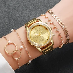 Mode Dames Gouden Kleur Roestvrij Staal Quartz Horloge Met Armband Set 5PCs