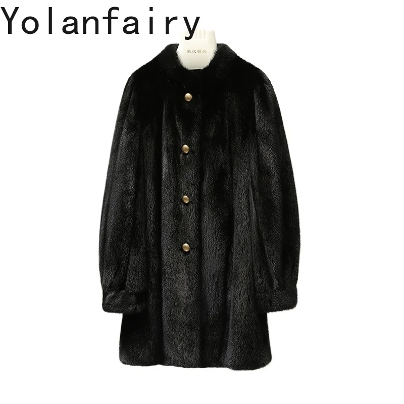

YOLANFAIRY Natural Whole Mink Fur Jacket Woman Luxury 2025 Winter Mid-length Real Fur Coats Women Stand Collar Black Fur Coat