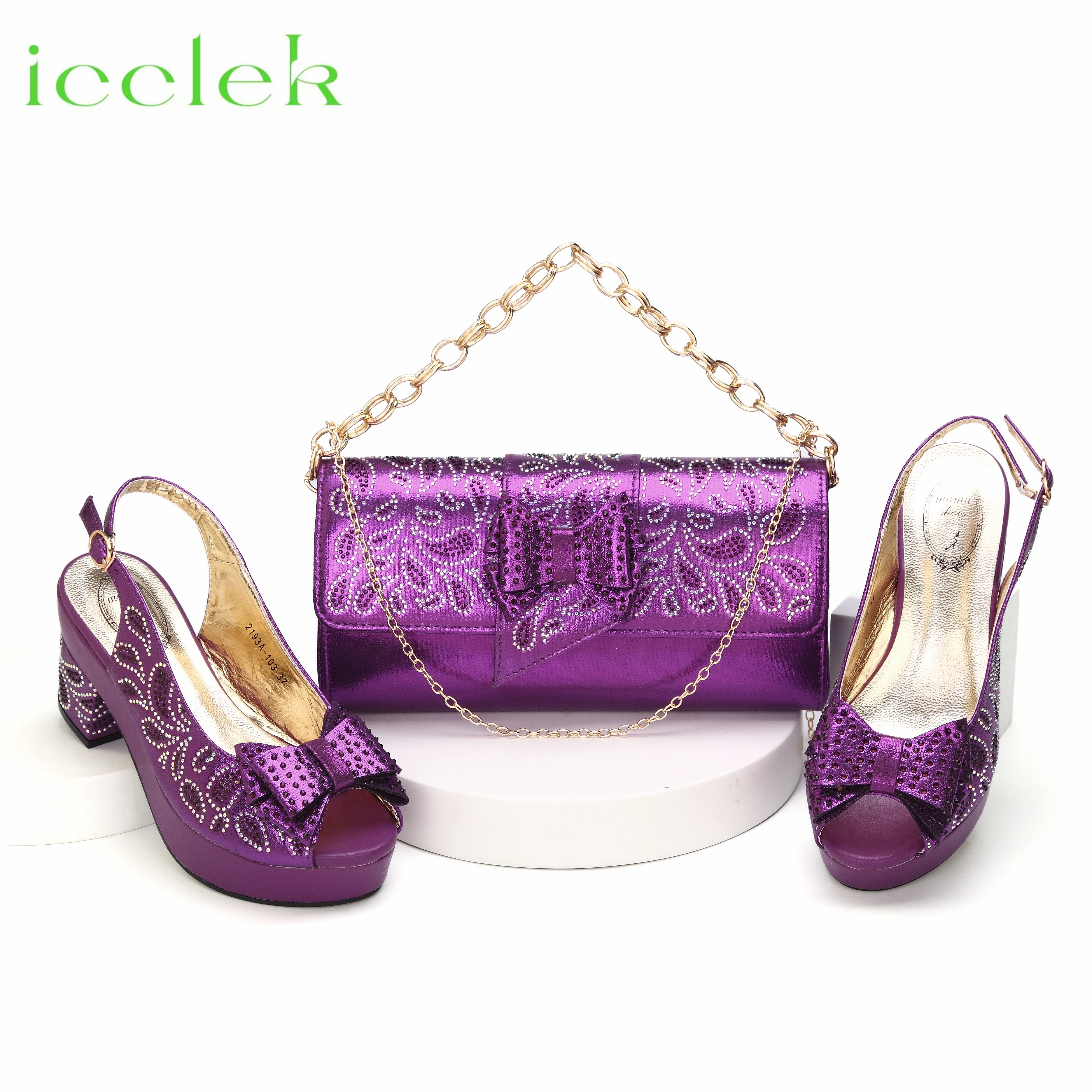 Latest Summer Purple Color Peep Toe Ladies Sandals Shoes and Bag Set Decotate with Crystal For Women Party Pump