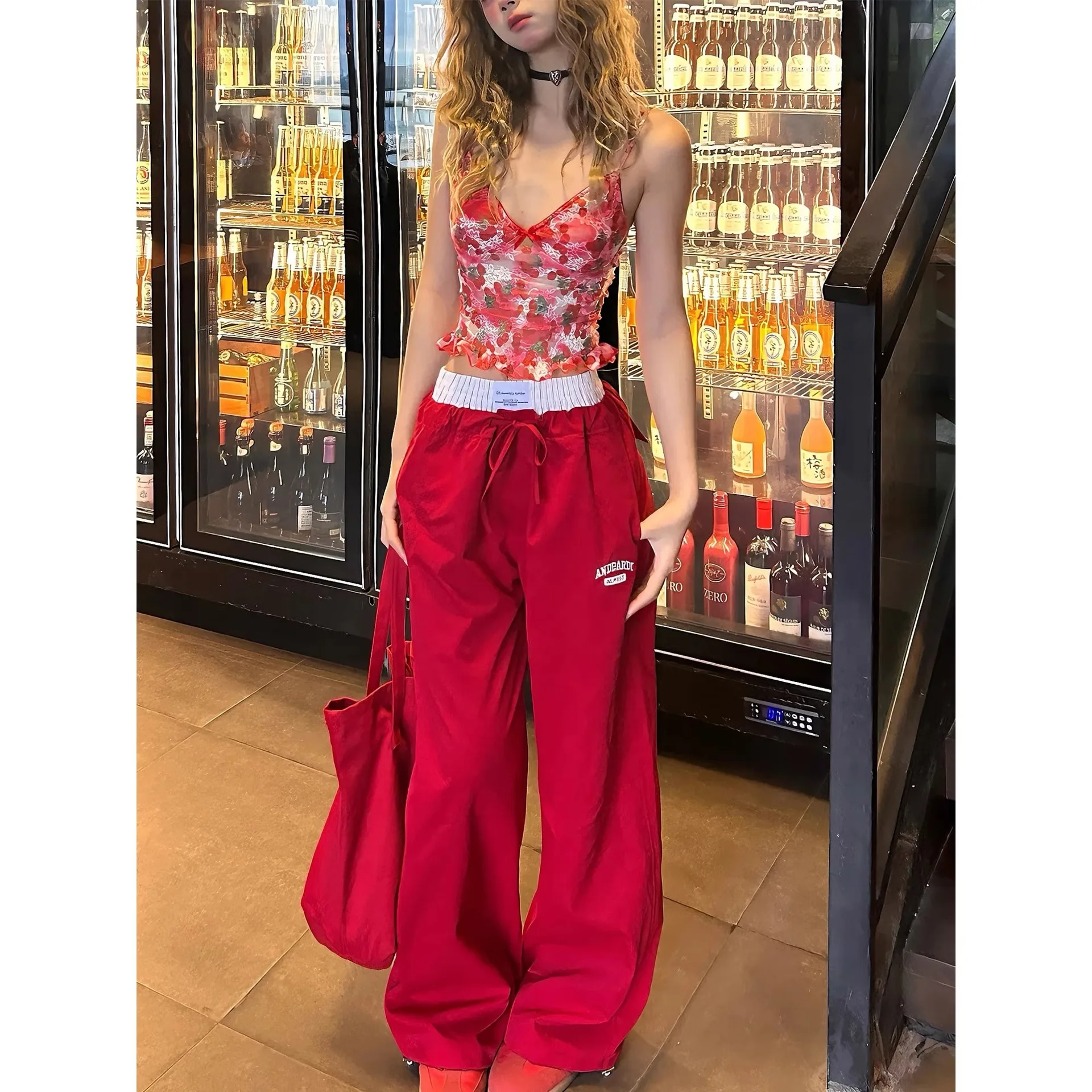 2026 New Women American Style Patchwork Fake Two Piece Embroidered Wide Leg Pants Y2K Streetwear Baggy Casual Trousers