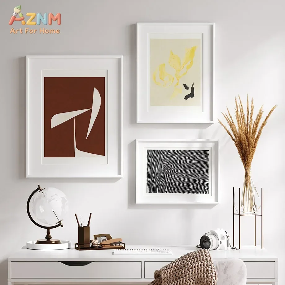 AZNM Neutral Earth Tone Abstract Canvas Wall Art Brown Geometric Yellow Leaf Black Line Texture Print Unframed Canvas Painting f