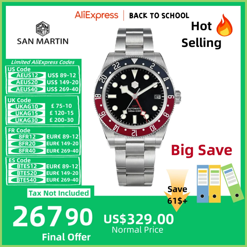 

San Martin 39mm NH34 GMT Watch For Man Automatic Wristwatch Mechanical 3H Date Waterproof 10Bar Relojes BGW9 Lume часы SN0109