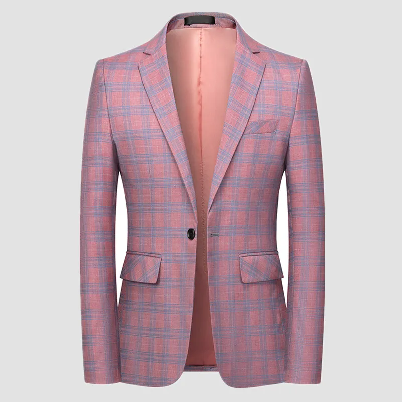 2024 Spring New Men\'s Checkered Print Blazer Formal One Button Slim-fit Lapel Plaid Suit Jacket