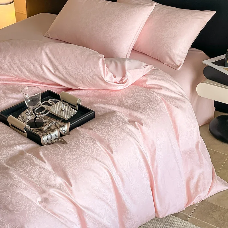 

100% Cotton Nordic Bedding Set - Floral Jacquard 4PC (2 Pillowcases, Twin/Double/Queen Size, Solid Color)