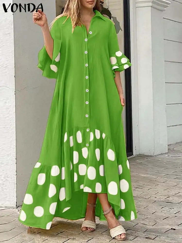 VONDA Bohemian Printed Dress Women Ruffle Maxi Long Dress 2024 Fashion Button Polka Dot Patchwork Sundress Casual Loose Vestido