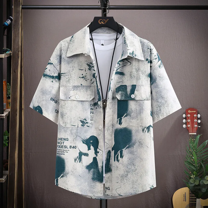 2025 summer Men's Printed pattern Short Sleeve Shirts  men Vacation Beach Shirts Tops Casual Comfortable Lightweight Button Male