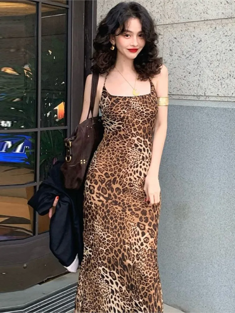 

Leopard Print Slim Halter Neck Leace-up Long Dresses Women Fashion Sexy Backless Package Hip Night Club Dress Trendy Streetwear