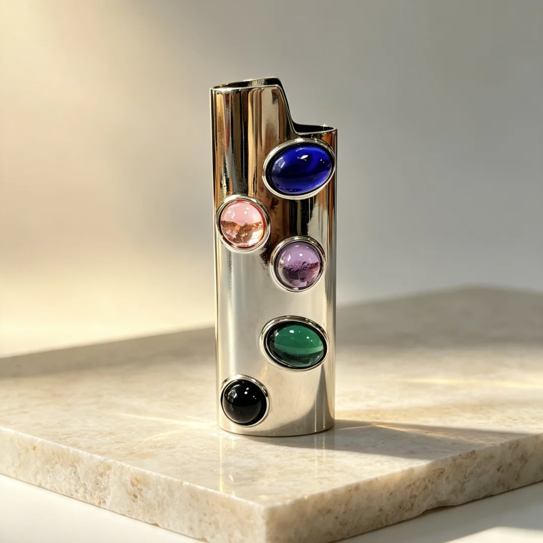 Colorful Gem Inlaid Zinc Alloy Lighter Case Vintage Polished Metal Protective Shell Compatible with BIC J6 view 6