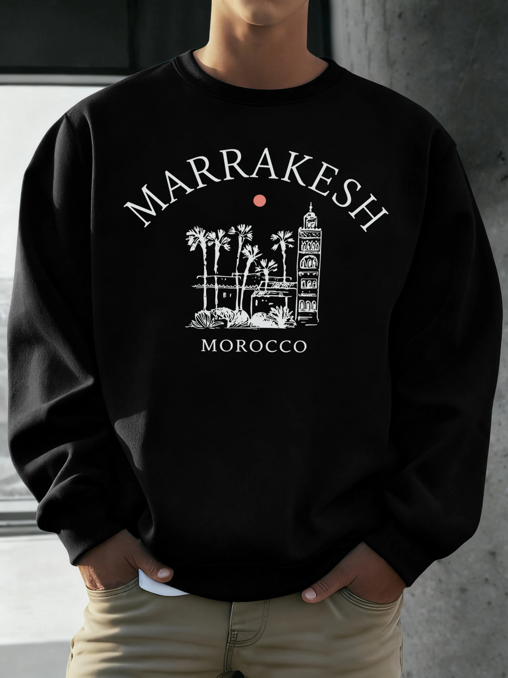 Marrakesh المغرب طباعة الخريف بلوزات الذكور العصرية الهيب هوب الملابس كل مباراة ملابس رياضية فضفاضة للجنسين س الرقبة البلوفرات غير رسمية #2