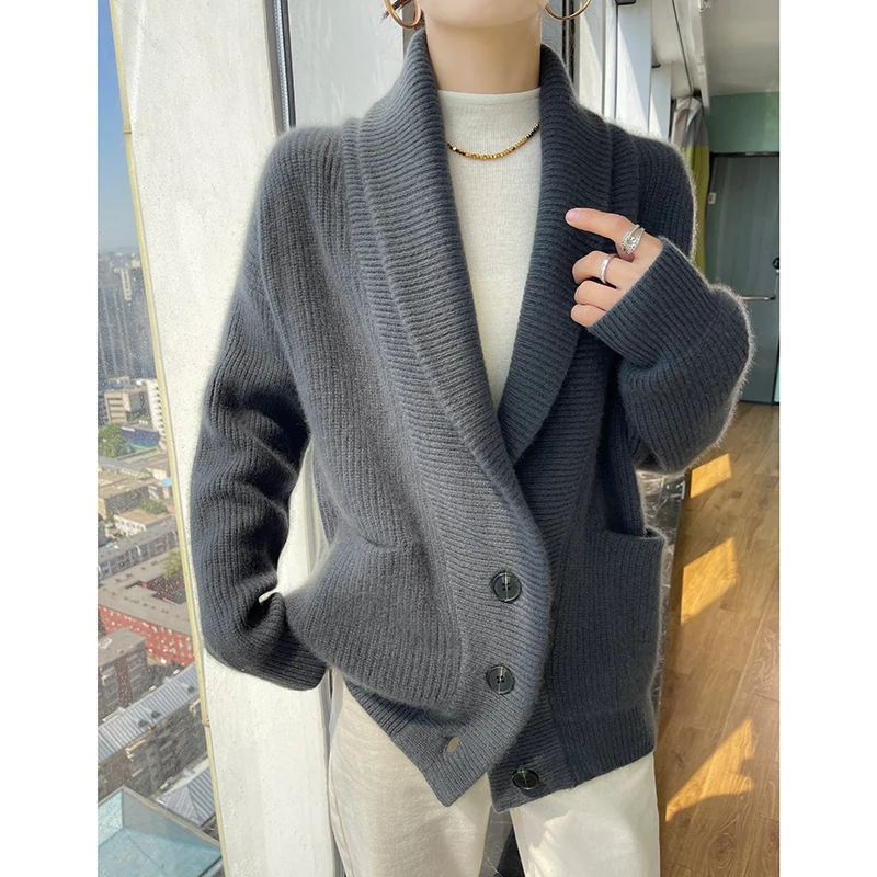 French Fashion Sweater Jacket For Women\'s Autumn Winter Long Sleeved Solid Color Thickened 100% Merino Wool Knitted Cardigan