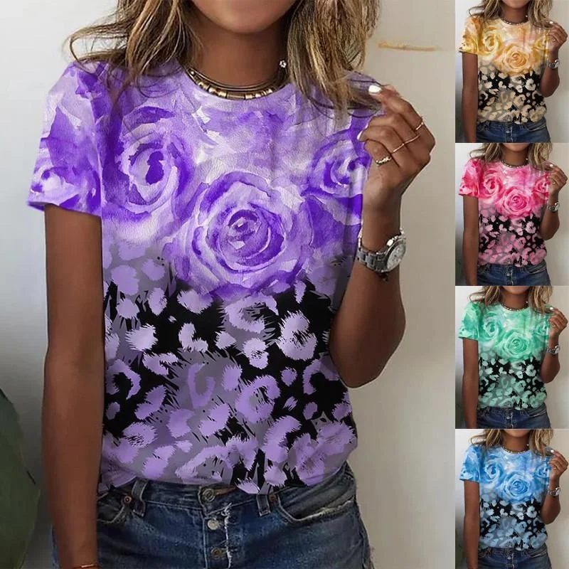 

XS-6XL Summer Clothes Women's Fashion Casual O-neck Short Sleeved Tops Ladies Flowers Printed Blouses Loose T-shirts Plus Size C