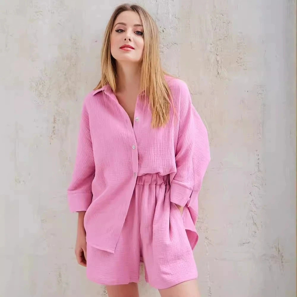 

Новинка 2023 года, женские рубашки, шорты, комплекты из двух предметов, темпераментный костюм для отдыха из чистого хлопка, женская летняя рубашка + шорты, комплекты