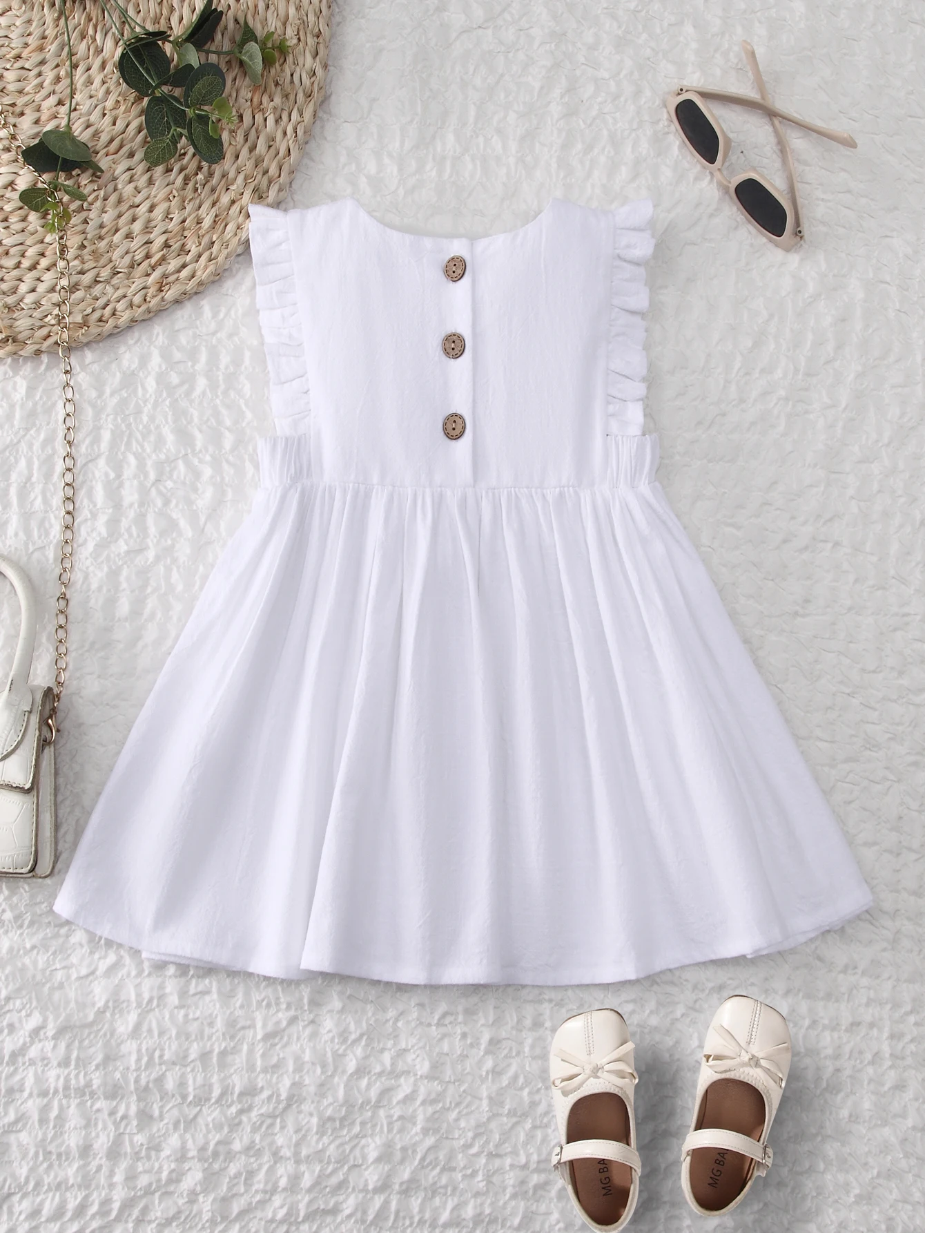 Summer Baby Girls Cute Dress Toddler Kids Cotton Linen Ruffle Sleeve Dress White