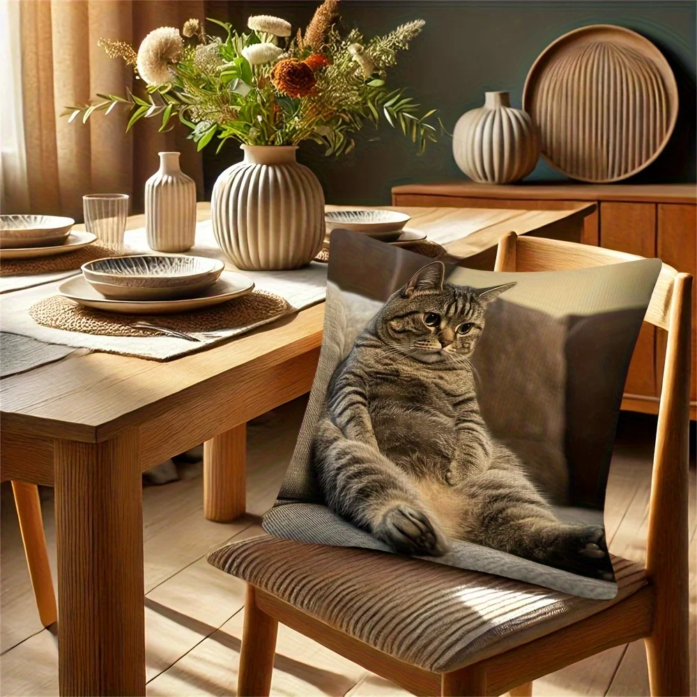 1 Stück großer, flauschiger grauer Tabby-Katzen-Kissenbezug – weicher Polyester-Kissenbezug mit Reißverschluss, realistisches sitzendes Katzen-Design – Detail 1