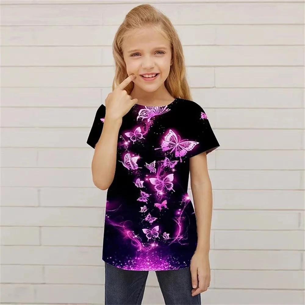 

Daily Casual and Comfortable Cat Butterfly Print Children's Short-sleeved Summer Kawaii T-shirt Girls Tops Fashion T-shirt Girls