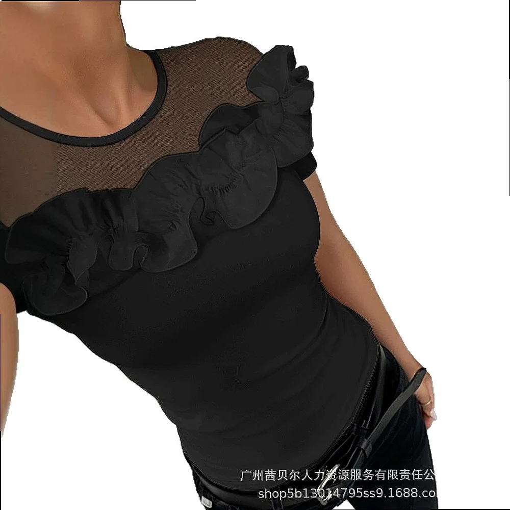 LZR20162 2026 summer short-sleeved mesh stitching three-dimensional flower slim-fit top 5