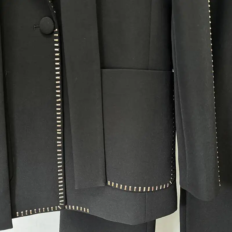 Luxury 2 Piece Sets Women Quality 2025 Spring Beading Blazers Wide Leg Pants Formal Occasions Suits Coats 2pcs Outfits Office